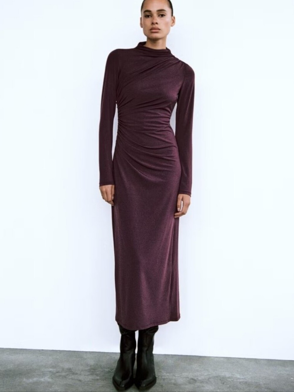 NEW! Zara Draped Mockneck Long-Sleeve Midi Dress Size M